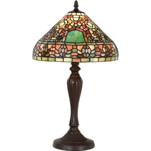 Tiffany Tafellamp Ø 30x53 cm  Groen Bruin Glas Kunststof Rond Tiffany Bureaulamp Tiffany Lampen Glas in Lood