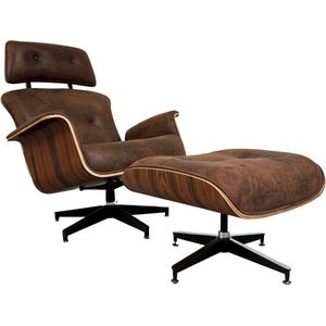 Lounge Chair + Hocker - Fauteuil - Lounge - Stoel - Leer - Relaxfauteuil - Vintage bruin