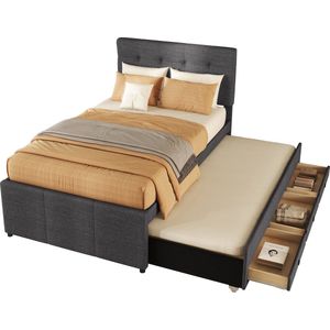 Merax Gestoffeerd Eenpersoonsbed 90x200 cm met Uitschuifbaar Logeerbed - Bed met 3 Opberglades en Verstelbaar Hoofdbord - Grijs