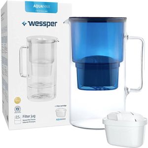 Glazen 2,5L waterfilterkan karaf compatibel met Brita MAXTRA+ waterfilter patronen - incl. 1 filterpatroon - waterkan Kleur blauw