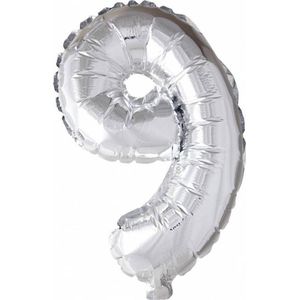 Folie Ballon Cijfer 9 Zilver 41cm met rietje