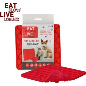 Eat Slow Live Longer Honingraat Likmat - 23 x 19 cm – Anti-schrok mat – Slowfeeder – Gemakkelijk overal te plaatsen - Likplaat voor huisdieren – Uitdaging voor je huisdier – 100% Siliconen - Vaatwasserbestendig - Rood