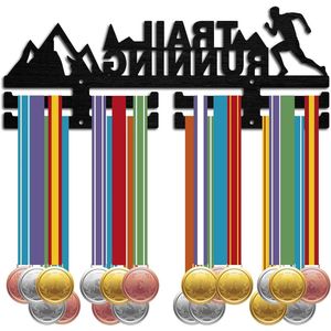 Trail Running Medaille Hanger Display - Zwart Houten Competitie Muur Opknoping Rack met Haak - Voor Thuis, Badge 2 Lijnen Over 20 Medailles - Runner Atleet