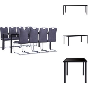 vidaXL Eetset Zwarte tafel 200x100x75 cm - Gehard glas en metaal - Grijs kunstsuède - 8 tuinstoelen - Met handvat - Set tafel en stoelen