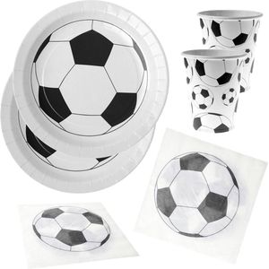 Voetbal feest wegwerp servies set - 20x bordjes / 20x bekers / 20x servetten - wit/zwart