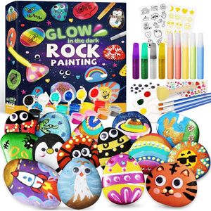 3D Stenen schilderset - Happy stone pakket - schitteren in de nacht- Kinderstenen schilderset-rock painting-10 stuks stenen-Knutselpakket-Met 12 Kleuren-Penseel-paascadeau-voor Pasen - Creatieve set