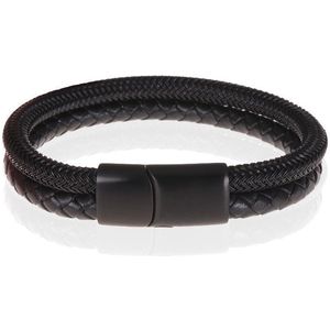 Heren armband Tom Jaxon Gevlochten Leer en Staal Zwart-23cm