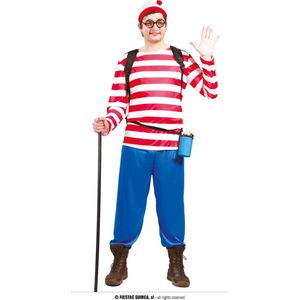 Guirca - Where's Wally Kostuum - Wally Gaat Hiken - Man - Blauw, Rood, Wit / Beige - Maat 46-48 - Carnavalskleding - Verkleedkleding