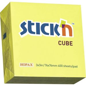Stick'n Kubus sticky notes - 76x76mm - neon geel - memoblok 400 memoblaadjes