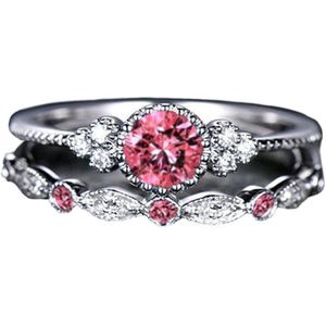 Ring roze steen (set) - Ring rozenkwarts zilver - Ring maat 16 zilver kleurig staal - Maat 51 ring dames ringen set van 2 - Roze