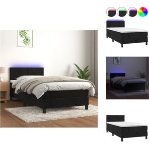 vidaXL Boxspring Bed - Fluwelen Stof - Verstelbaar Hoofdbord - Kleurrijke LED - Pocketvering Matras - Huidvriendelijk Topmatras - Zwart - 203x90x78/88cm - Bed