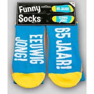 Sokken - Funny socks - 65 jaar! Eeuwig jong! - In cadeauverpakking met gekleurd lint