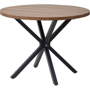 DHN Ronde Eettafel - Donker Houtkleur - Houten Eettafel met zwarte poten - Ronde tafel met Zwart Frame - 100 Cm