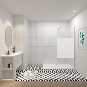 90x200cm inloopdouche, 10mm midden wit gematteerd gehard glas met explosieveilige folie, stabilisatiestang 140cm (kan worden gesneden), goud.