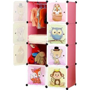 Uitbreidbaar kinderrek, kinderkledingkast, boekenkast met deuren, diepere vakken dan normaal (45 cm vs. 35 cm) voor meer ruimte, 75 x 47 x 147 cm roze