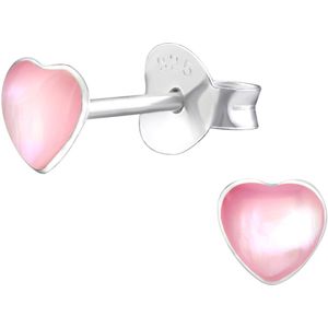 Joy|S - Zilveren petit roze hartje oorbellen - roze paarlemoer (schelp) - 5 x 4 mm - oorknoppen voor kinderen