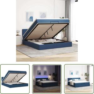 The Living Store Bed poef met matras en LED's 180x200 cm stof blauw - Slaapbank - Ottoman Bed - Boxspring - Tweepersoonsbed - Led Lamp