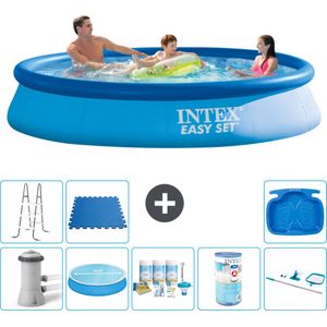 Intex Rond Opblaasbaar Easy Set Zwembad - 366 x 76 cm - Blauw - Inclusief Pomp Solarzeil - Onderhoudspakket - Filter - Schoonmaakset - Ladder - Voetenbad - Vloertegels