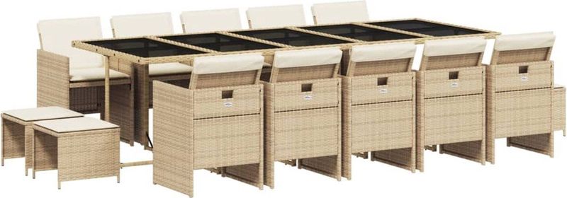 vidaXL - 15-delige - Tuinset - met - kussens - poly - rattan - beige