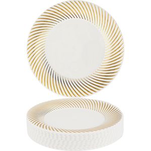 MATANA 20 Kleine Witte Plastic Borden met Gouden Rand (18cm), Dessert Feestbordjes voor Bruiloften, Verjaardagen, Dopen, Kerstmis & Feesten - Stevig en Herbruikbaar