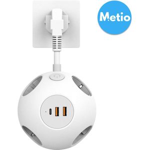 Metio Stekkerdoos 7-in-1 – Compacte Stopcontactadapter met 4 AC-poorten, 2 USB-A & 1 USB-C – Snel Opladen, Overspanningsbeveiliging, Korte Kabel – Wit