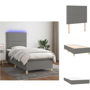 vidaXL Bed - donkergrijs - 193 x 90 x 118/128 cm - verstelbaar hoofdbord - LED-verlichting - pocketvering matras - huidvriendelijk topmatras - Bed