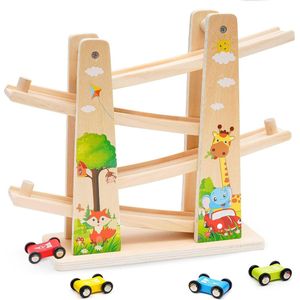 Houten speelgoed - Houten racebaan - Zwaartekrachtbaan Racen - 4 mini auto's - Montessori Speelgoed - Speelgoed voor kinderen vanaf 2 jaar - Feestdagen cadeau - Verjaardagscadeaus