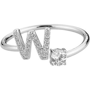 Zilveren Ringen - Letter ring W met zirkonia | Verstelbare met letter W | 925 Sterling Zilver - 925 Keurmerk Stempel - 925 Zilver Certificaat - In Leuke Cadeauverpakking - Moederdag tip!