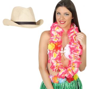 Toppers - Carnaval verkleedset - Tropical Hawaii party - stro cowboy hoed - en volle bloemenslinger roze - voor volwassenen