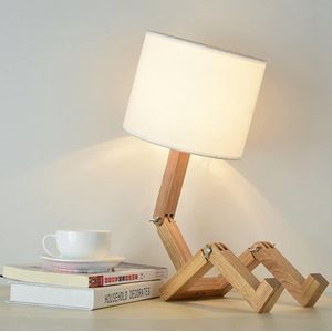 Creatieve robot bureaulamp, verstelbare houten bedlamp, met stoffen lampenkap E27-schroef voor kinderen, slaapkamer, kantoor, woonkamer, decoratieve verlichting [Energieklasse A]