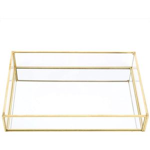 Make-up Organisator Goudkleurig Glazen Gespiegeld Dienblad Vintage Metalen Opbergdoos - Gouden Dienblad voor Sieraden Cosmetica Displaydozen