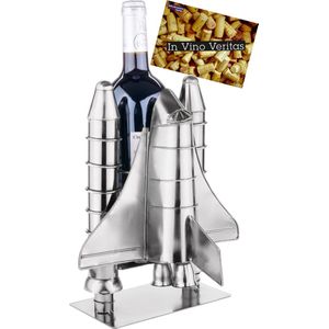 BRUBAKER Wijnfleshouder Raketlancering - Ruimte Shuttle metalen sculptuur fles staan raket Space Shuttle - zilveren metalen beeldje wijn geschenk voor ruimtevaart fans met wenskaart