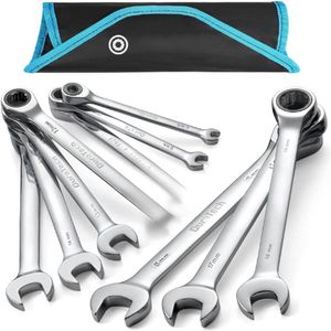 10-Delige Ratel-Combinatiesleutelset - Steeksleutelset Met Vaste Kop En Roltas - Metrisch - 6-18 Mm - 12-Punts - CR-V-Staal