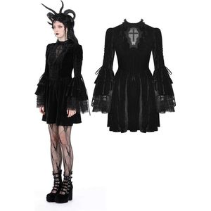 Dark in Love - Gothic haunted cross bell sleeves Korte jurk - S - Zwart