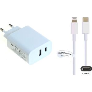 OneOne snellader met 2 poorten + 0,95m OneOne USB C naar Lightning kabel. 20W PD lader. Universele oplader adapter past op Apple iPhone 11 Pro, iPhone 11 Pro Max, iPhone 12, iPhone 12 Mini, iPhone 12 Pro, iPhone 12 Pro Max, iPhone 13