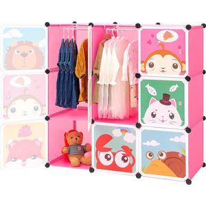 Uitbreidbaar kinderrek kinderkledingkast trapstelling boekenkast met deuren, diepere vakken dan normaal (45 cm vs. 35 cm), 110 x 47 x 110 cm roze