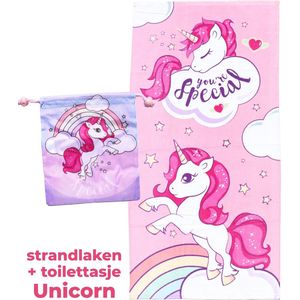 Unicorn Strandlaken + toilettasje | Bad handdoek Eenhoorn 70x140 meisjes + toilettas | BS12