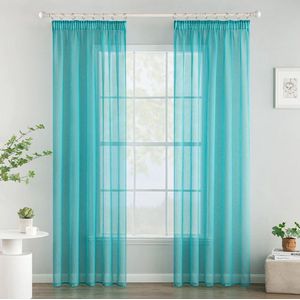 Gordijnen met plooiband, voile, gordijnen voor woonkamer, transparante vitrage, slaapkamer, moderne vitrage, set van 2, afm. 140 x 245 cm (b x h), turquoise