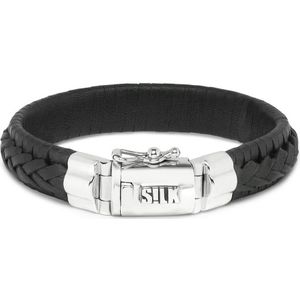 SILK Jewellery - Zilveren Armband - Weave - 742BLK.21 - zwart leer - Maat 21