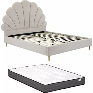 Vente-unique Bed met schelpvorm 160 x 200 cm - Beige stof + matras - LIVAYA L 187 cm x H 150 cm x D 215 cm