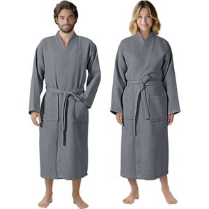 HOMELEVEL Piqué Badjas Reizen Badjas 100% katoen voor vrouwen en mannen aankleden toga Kimono Saunarobe Reizen aankleden toga Piquee Wafel Piqué Vrouwen Mannen Antraciet Maat M