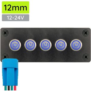 ProRide Metalen Drukschakelaars ON-OFF 12-24V - 12mm - Vijfvoudig inbouwpaneel - IP67 - LED indicatie Blauw