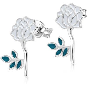 Joy|S - Zilveren roos oorbellen - wit - 11 x 16 mm - bloem oorknoppen