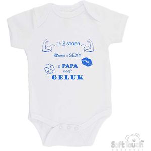 100% katoenen Romper ""Ik ben stoer Mama is sexy & Papa heeft geluk"" Jongens Katoen Wit/blauw Maat 62/68