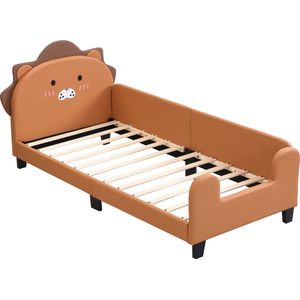 Leeuw kinderbed 90*200cm-Eenpersoonsbed met lattenbodem/ Leeuwvormig hoofdeinde- PU oranje