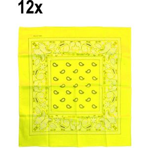 12x Luxe Zakdoek fluor geel met motief 53cm x 53cm - Koffieboon thema feest boeren zakdoek festival