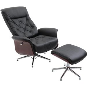 TRUUSK Relaxfauteuil Met Kruk, TV-stoel, Gestoffeerde Stoel, 360 Draaibaar, 145 Kantelbaar Met Retro Design, Chesterfield PU Hoes, Houten Lambrisering, Metalen Onderstel, Zwart, 82 X 83 X 110 Cm