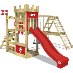 WICKEY speeltoestel ridderkasteel DragonFlyer met schommel & rode glijbaan, outdoor kinderklimtoren met zandbak, ladder & speelaccessoires voor de tuin