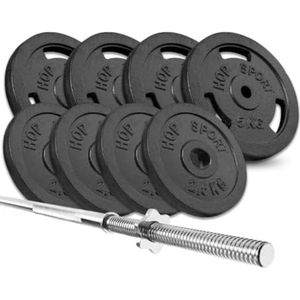 Hop-Sport Gietijzeren Halterset - Lange Halterstang + Gewichten, Lange Halter Stang, Krachttraining Thuis, Duurzame Gietijzeren Halterschijven (39 kg of 59 kg Optioneel, 39 kg)