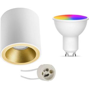 Opbouwspot Set GU10 - Oficto - Smart LED - Wifi LED - Slimme LED - 5W - RGB+CCT - Aanpasbare Kleur - Dimbaar - Afstandsbediening - Proma Cliron Pro - Opbouw Rond - Mat Wit/Goud - Verdiept - Ø90mm